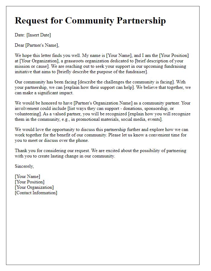 Letter template of community partnership solicitation for grassroots organization fundraising