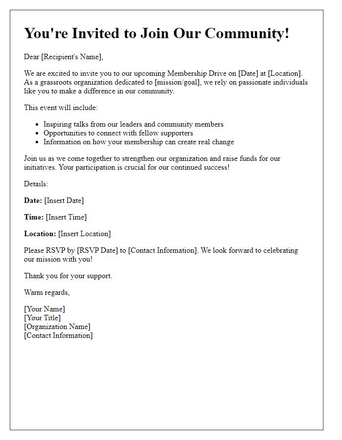 Letter template of membership drive invitation for grassroots organization fundraising