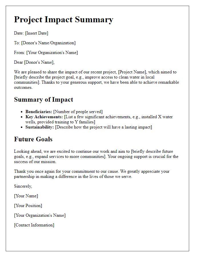 Letter template of project impact summary for grassroots organization fundraising