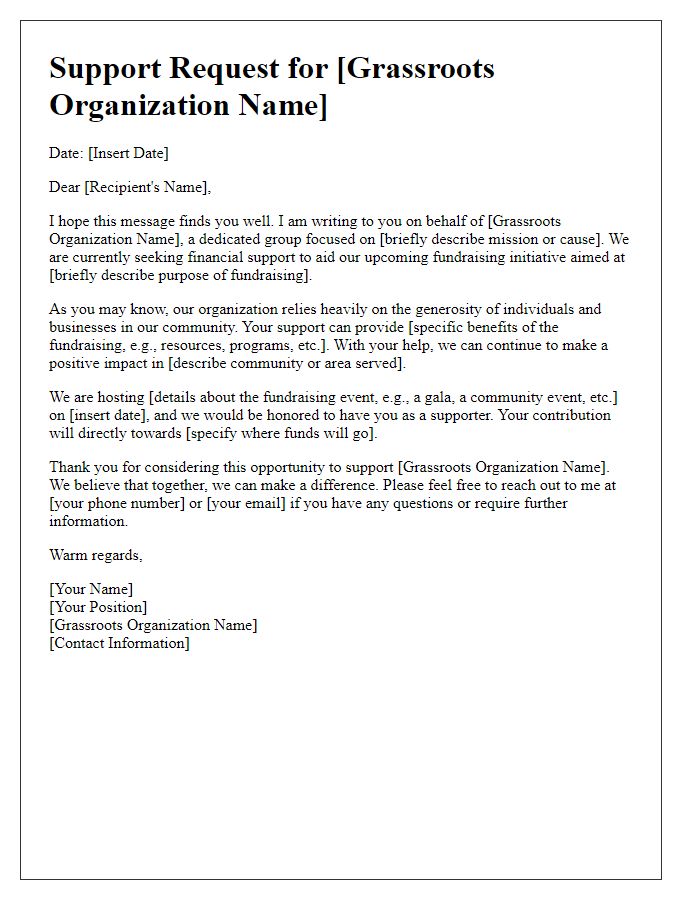 Letter template of support request for grassroots organization fundraising