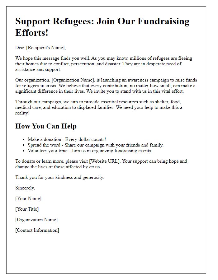 Letter template of awareness campaign for refugee fundraising efforts