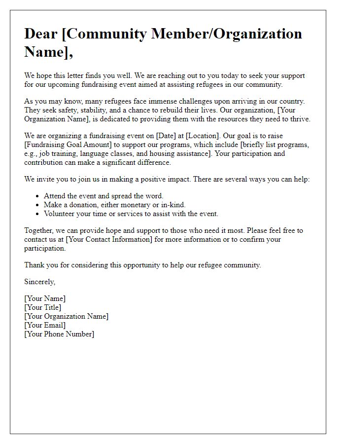 Letter template of community outreach for refugee assistance fundraising