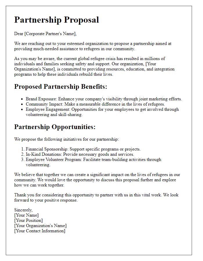 Letter template of corporate partnership proposal for refugee assistance