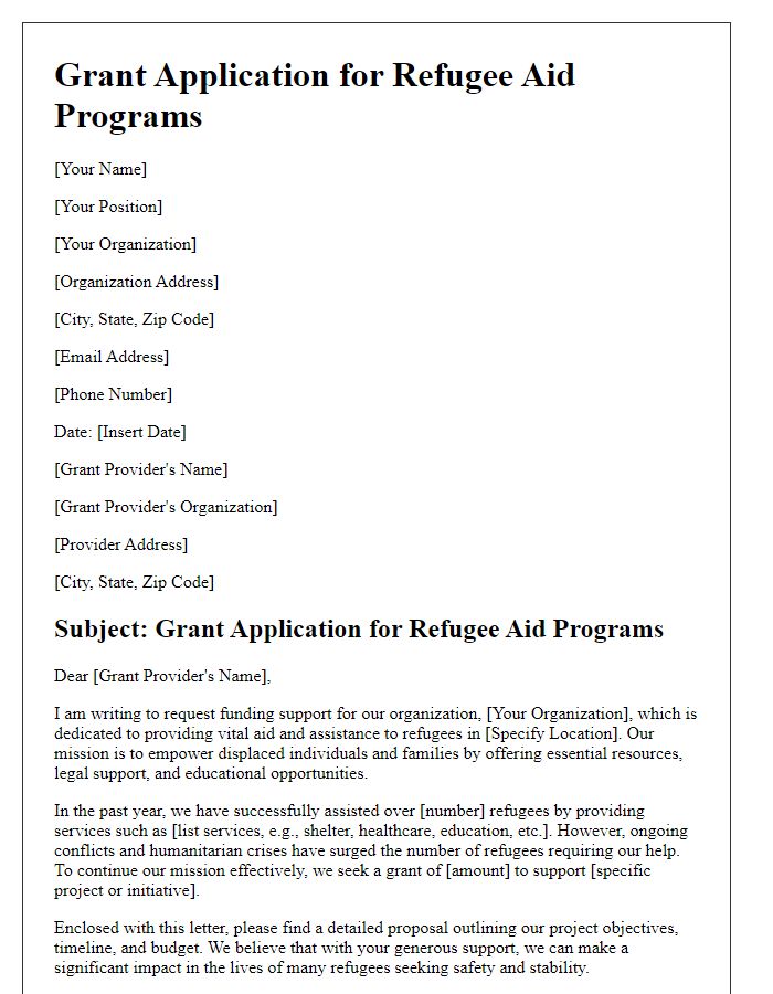 Letter template of grant application for refugee aid programs