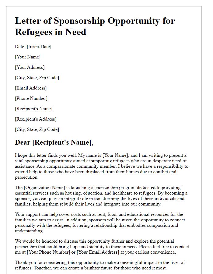 Letter template of sponsorship opportunity for refugees in need