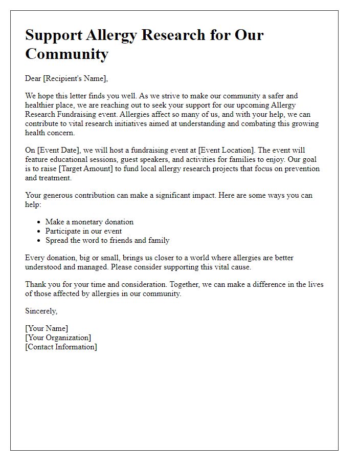 Letter template of allergy research fundraising for community support.