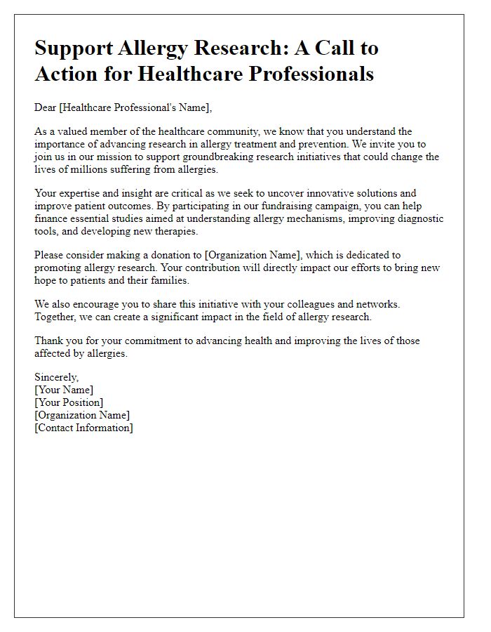 Letter template of allergy research fundraising to engage healthcare professionals.