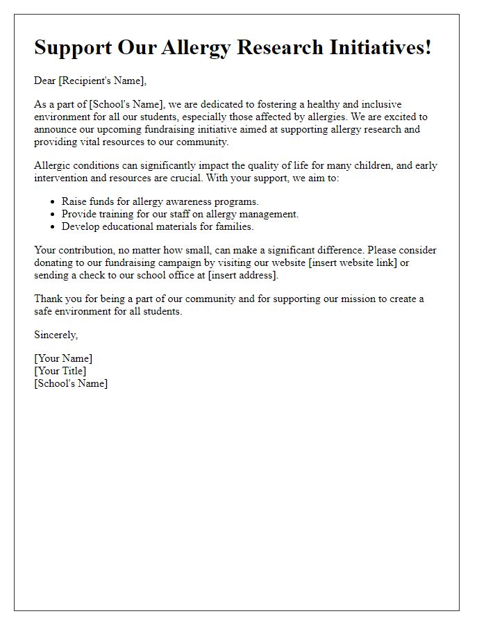 Letter template of allergy research fundraising for school initiatives.