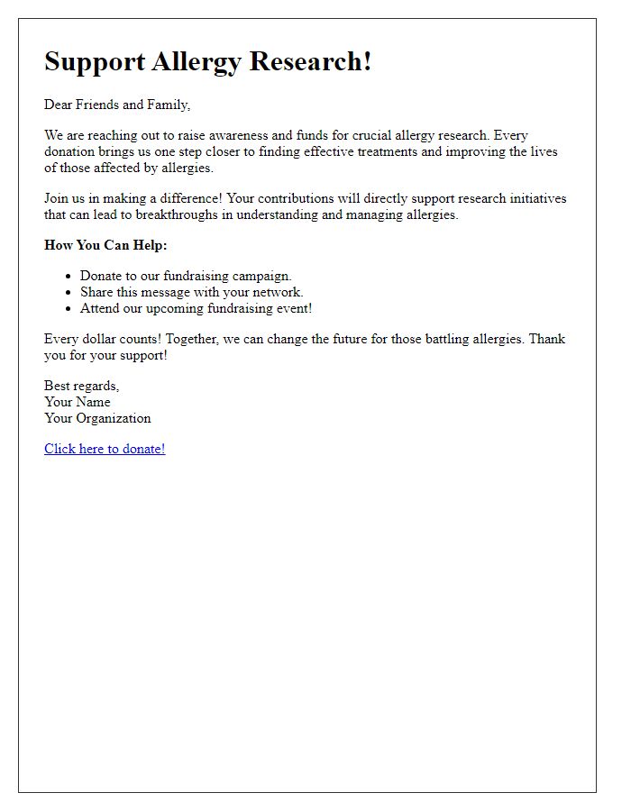 Letter template of allergy research fundraising for social media outreach.