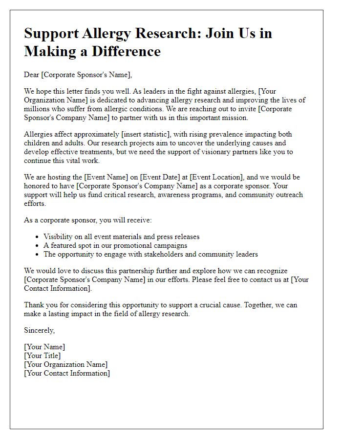 Letter template of allergy research fundraising targeting corporate sponsors.