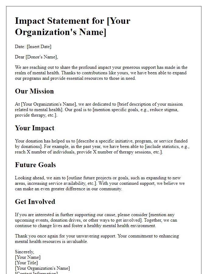 Letter template of impact statement for fundraising in mental health.