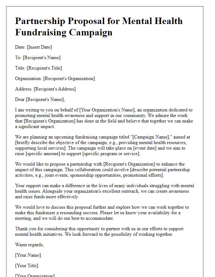 Letter template of partnership proposal for mental health fundraising campaign.