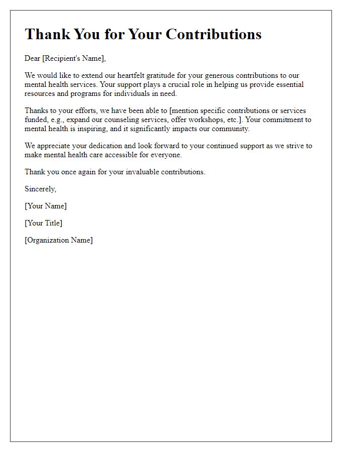 Letter template of thank you for contributions to mental health services.