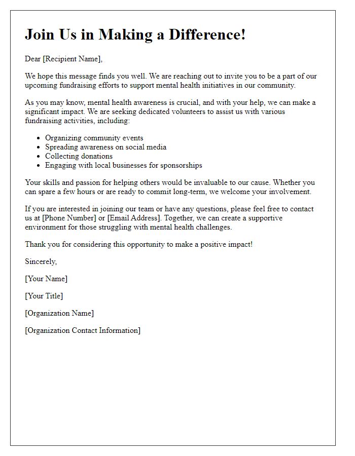 Letter template of volunteer recruitment for mental health fundraising efforts.