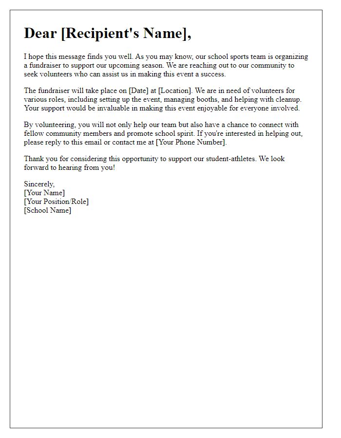 Letter template of appeal for volunteer help for school sports team fundraiser