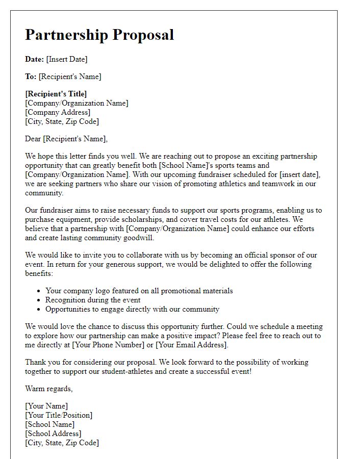 Letter template of partnership proposal for school sports team fundraiser