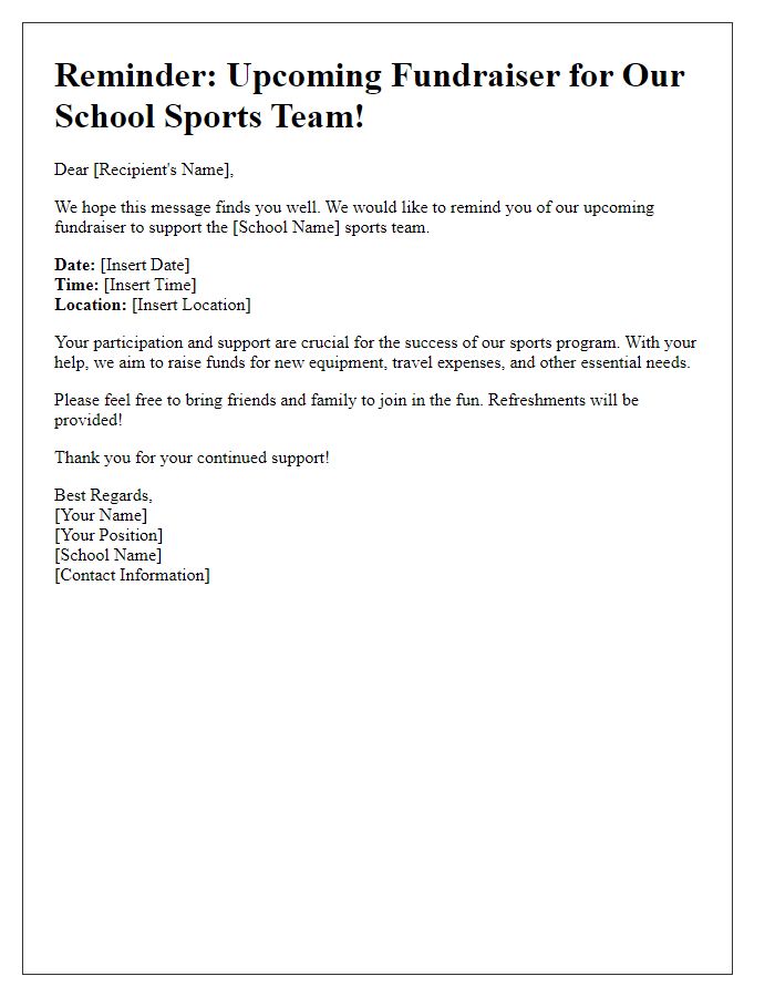 Letter template of reminder for upcoming school sports team fundraiser