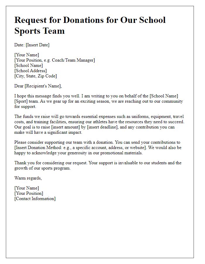 Letter template of request for donations for school sports team