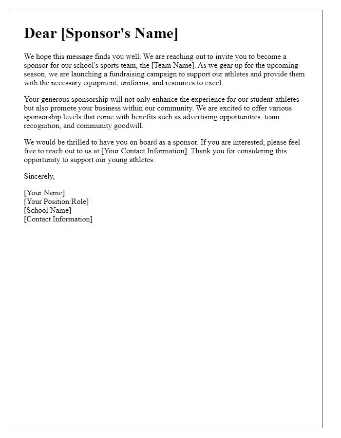 Letter template of sponsorship appeal for school sports team fundraiser