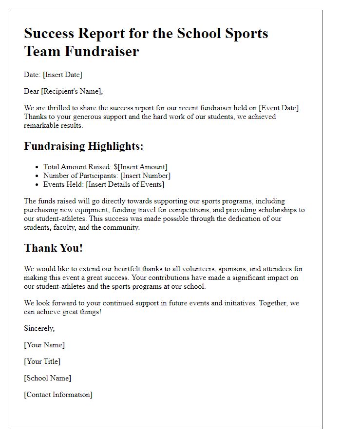 Letter template of success report from school sports team fundraiser