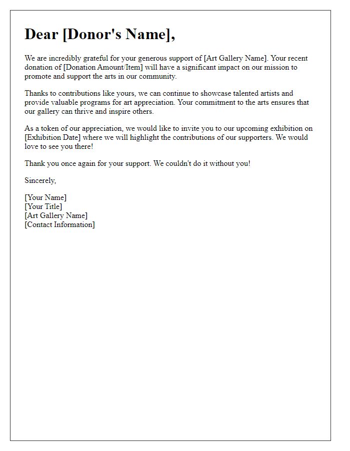 Letter template of donation acknowledgment for art gallery supporters.