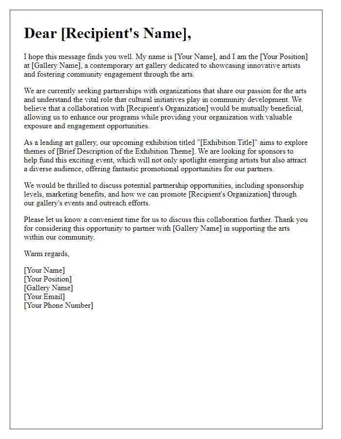 Letter template of partnership outreach for art gallery funding.