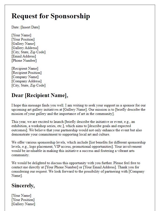 Letter template of sponsorship request for art gallery initiatives.