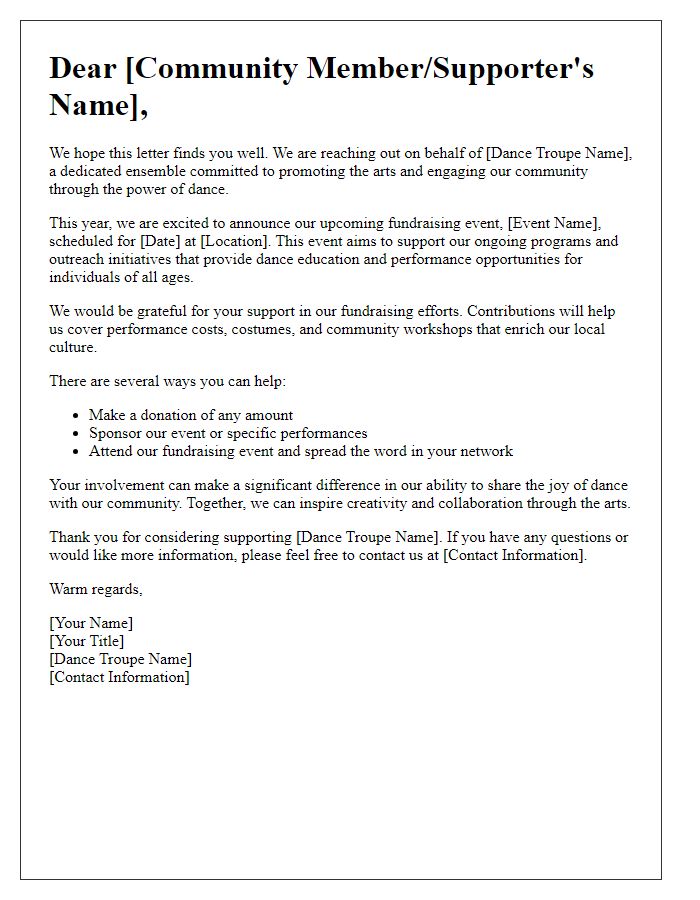 Letter template of community engagement for dance troupe fundraising