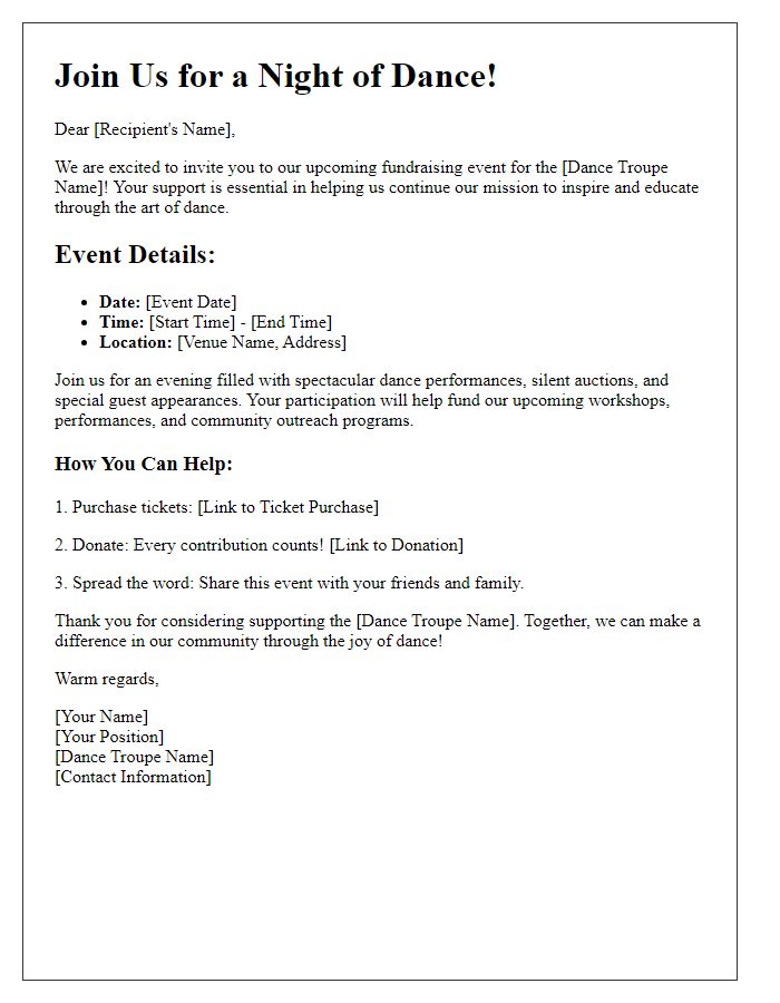 Letter template of event promotion for dance troupe fundraising