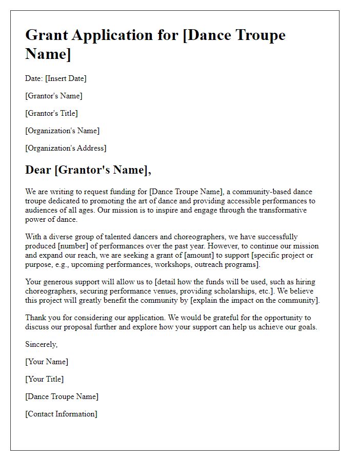 Letter template of grant application for dance troupe fundraising