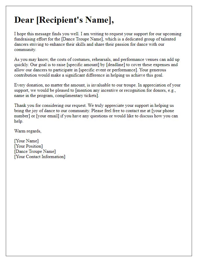 Letter template of support request for dance troupe fundraising