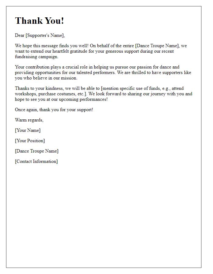 Letter template of thank you note for dance troupe fundraising supporters