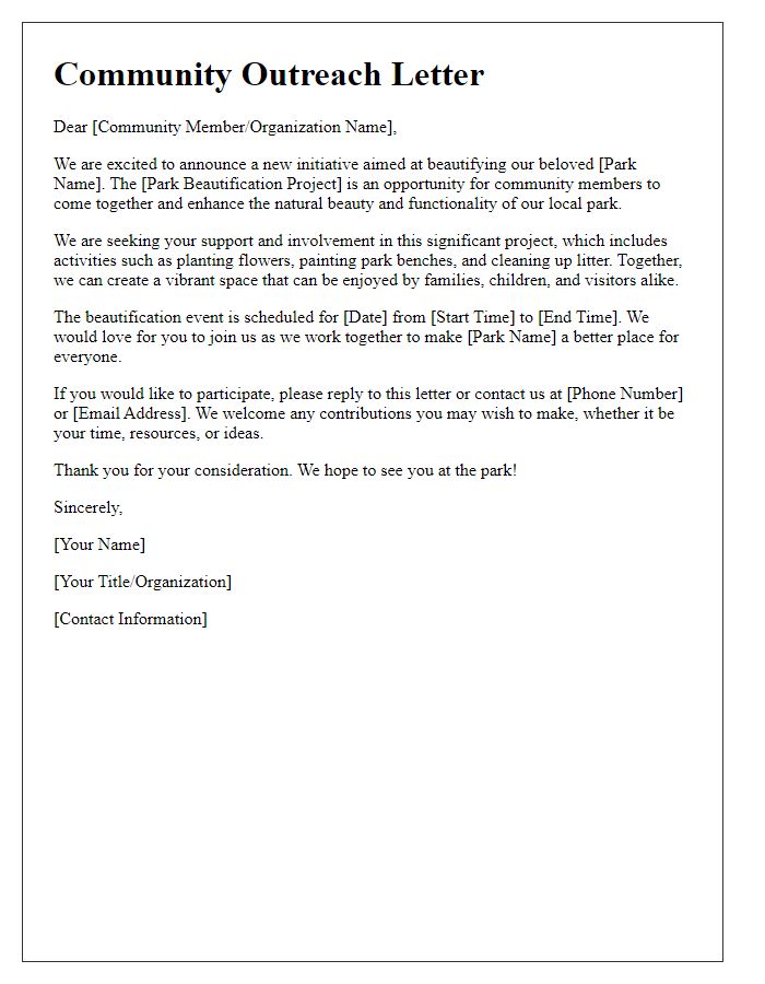 Letter template of community outreach for park beautification project.