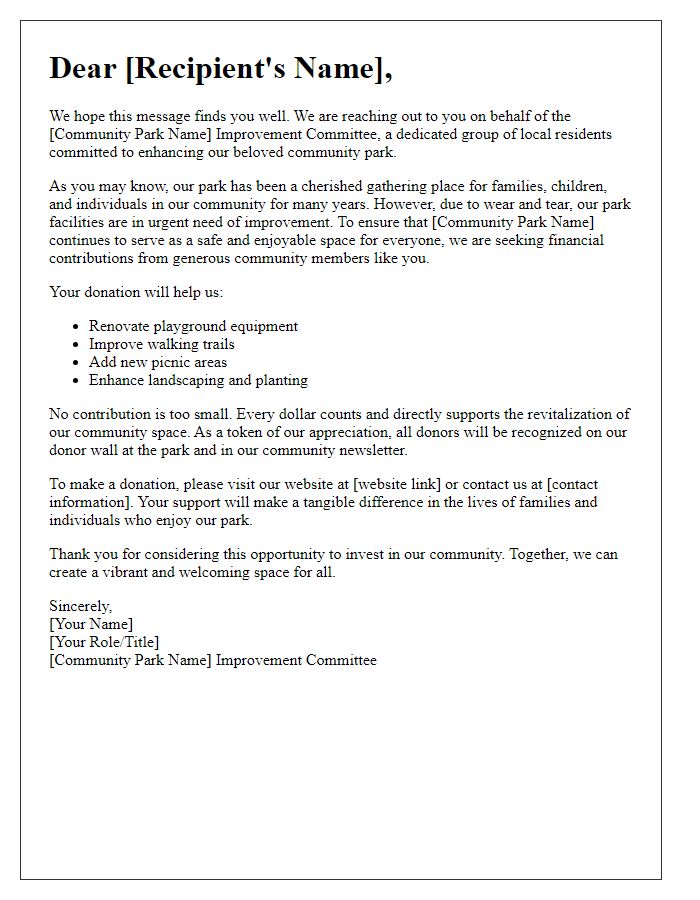 Letter template of donation appeal for community park improvement.