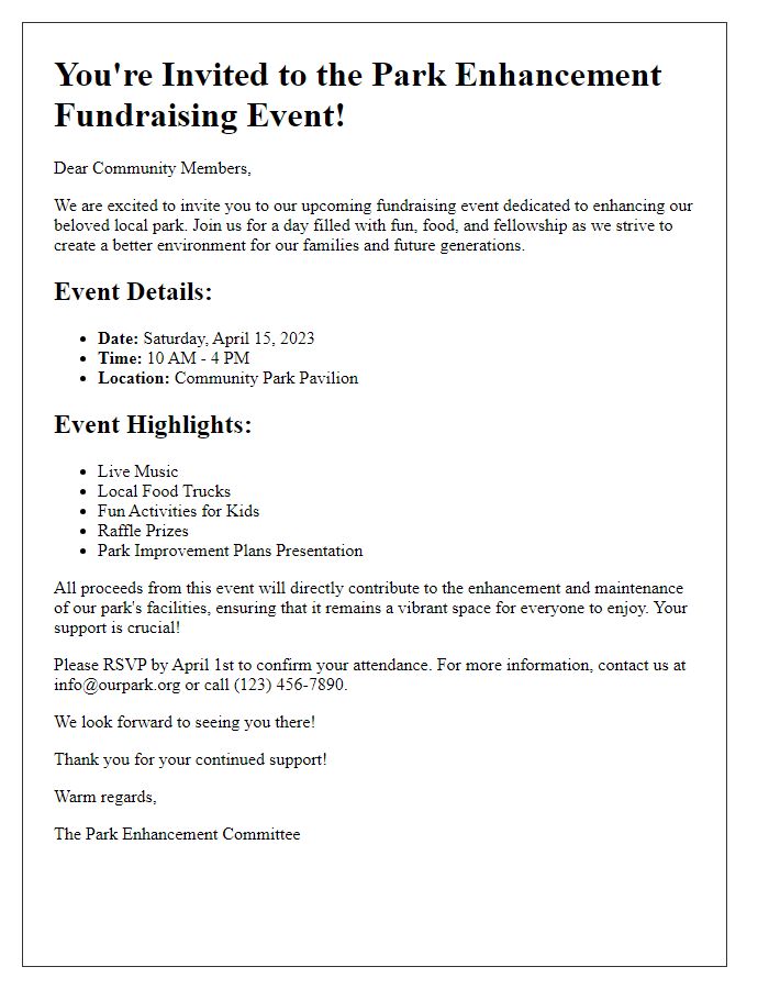 Letter template of fundraising event invitation for park enhancement.