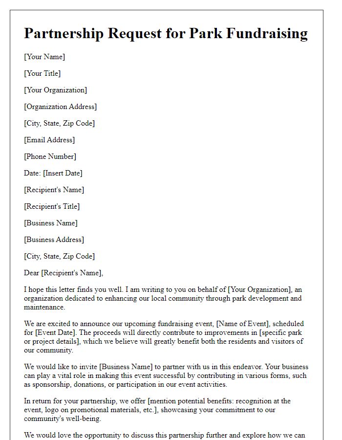 Letter template of partnership request for local businesses in park fundraising.