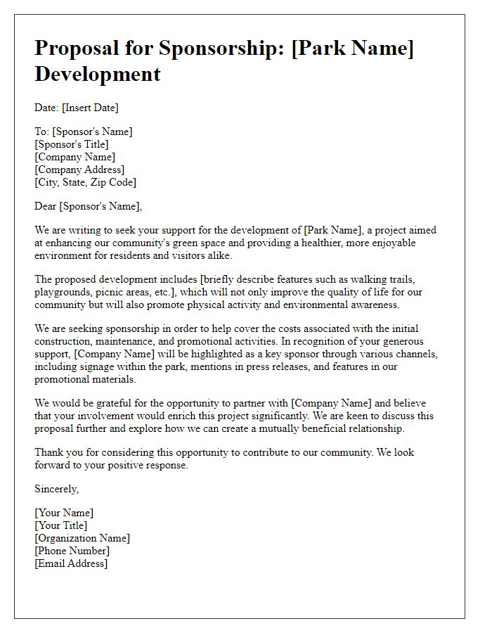 Letter template of sponsorship proposal for park development.