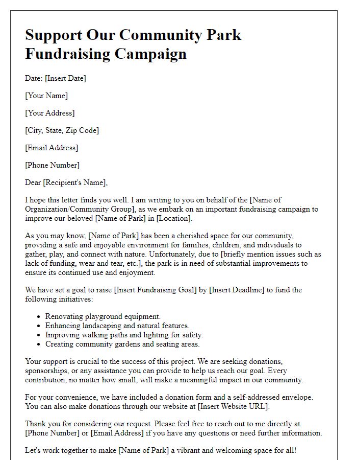 Letter template of support request for public park fundraising campaign.