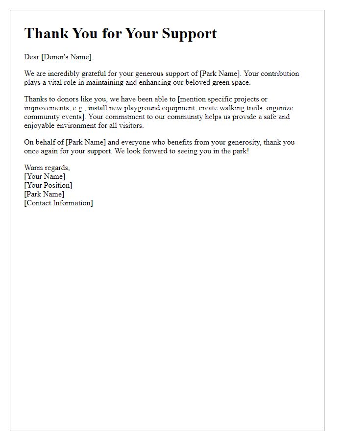 Letter template of thank you note for park donors and supporters.