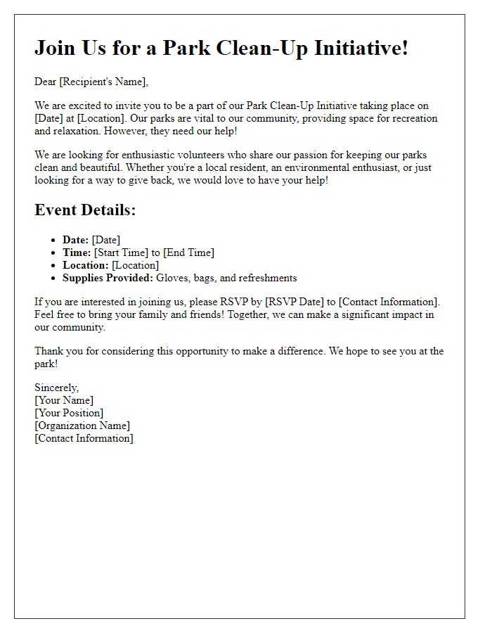 Letter template of volunteer recruitment for park clean-up initiative.