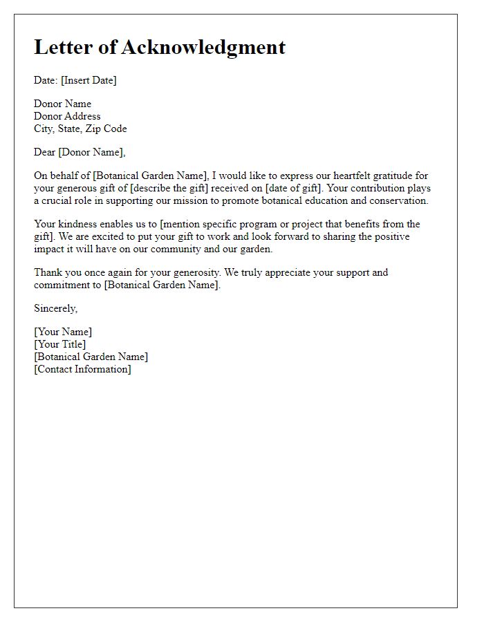 Letter template of acknowledgment for botanical garden gifts