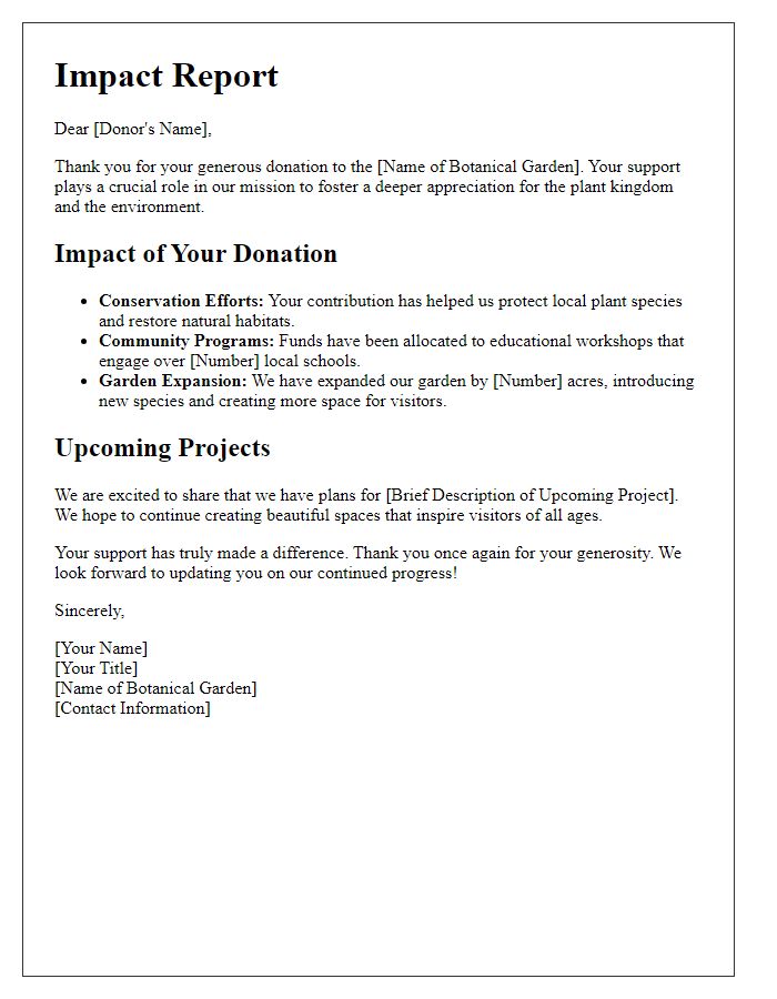 Letter template of impact report for botanical garden donations