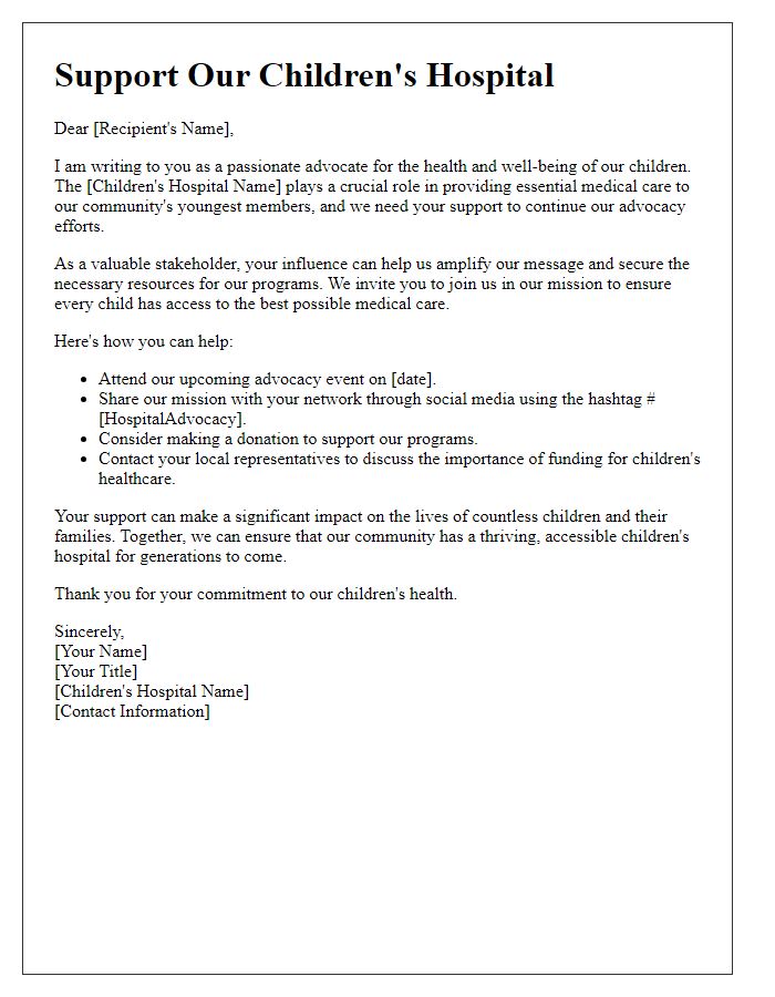 Letter template of call to action for children's hospital advocacy efforts