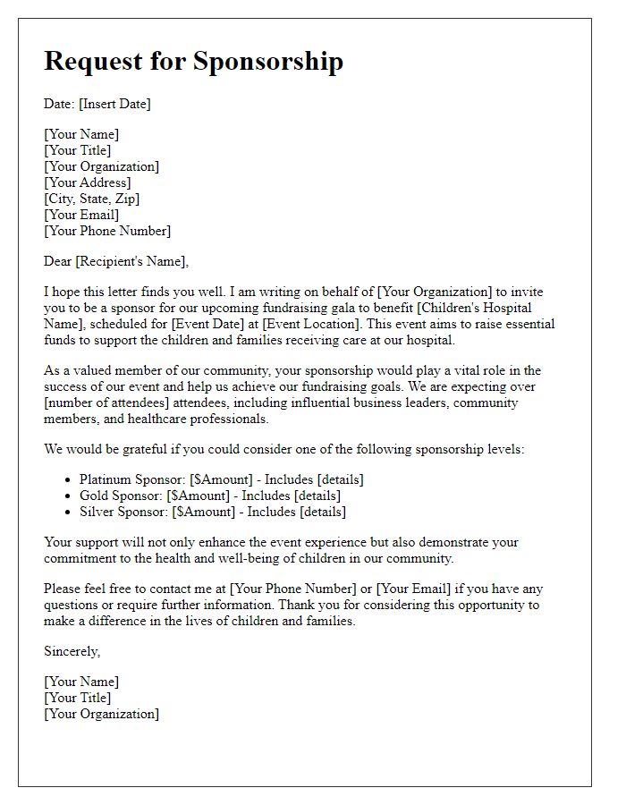 Letter template of sponsorship request for children's hospital fundraising gala