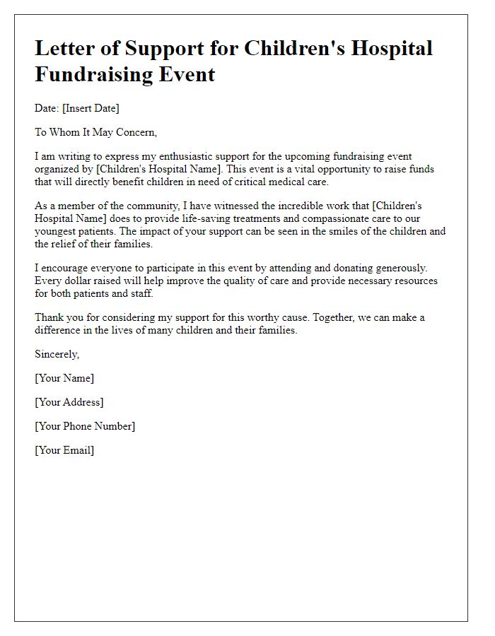 Letter template of support for children's hospital fundraising event