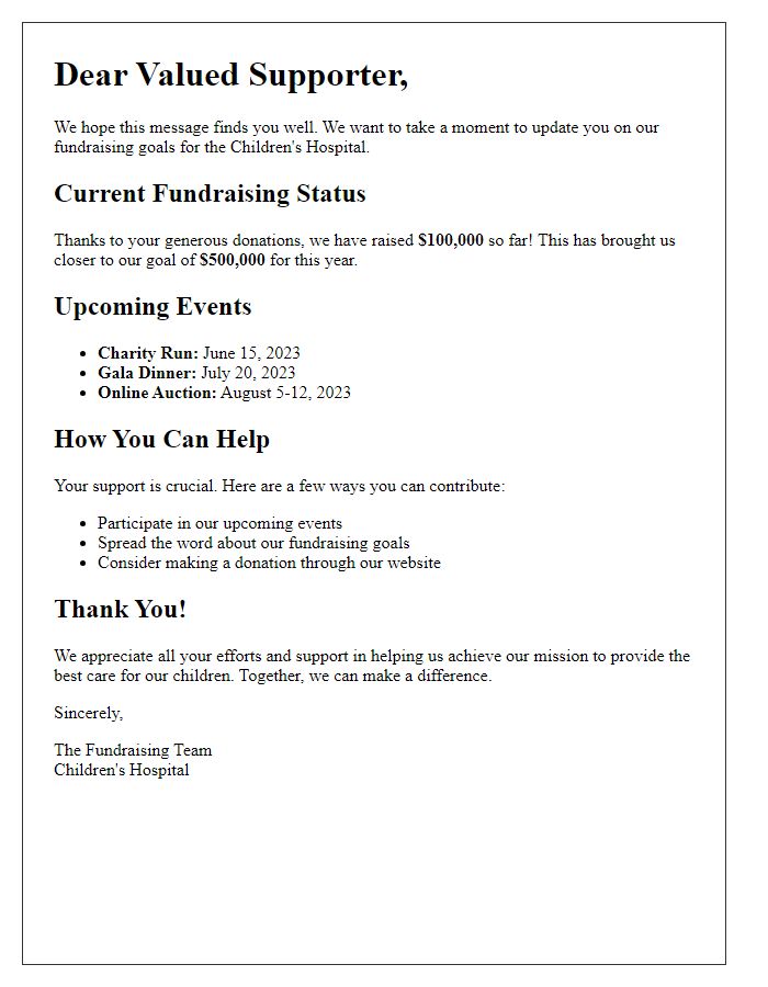 Letter template of updates on children's hospital fundraising goals