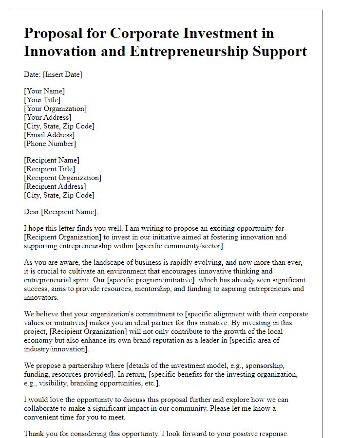 Letter template of proposal for corporate investment in innovation and entrepreneurship support