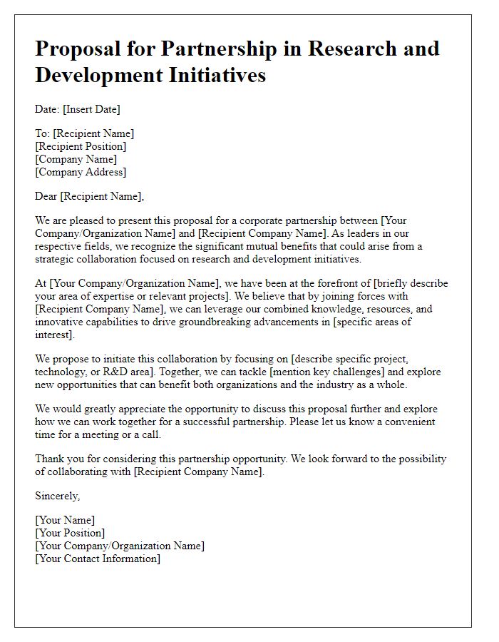 Letter template of proposal for corporate partnership in research and development initiatives