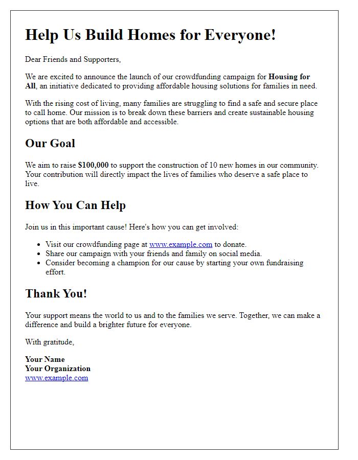 Letter template of crowdfunding campaign launch for housing initiative