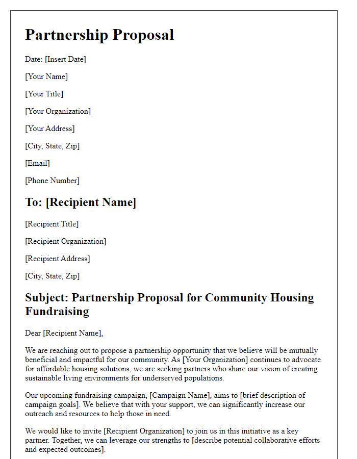 Letter template of partnership proposal for community housing fundraising